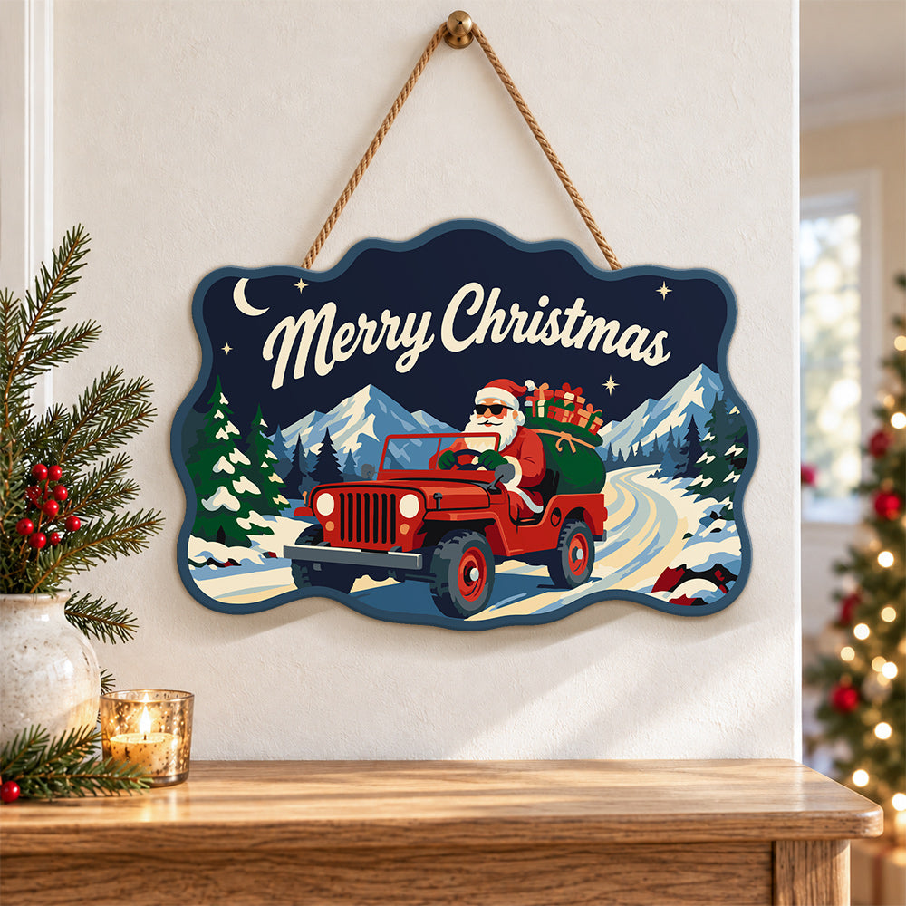 Santa red off road jeep paint by numbers door hanger as indoor wall decor