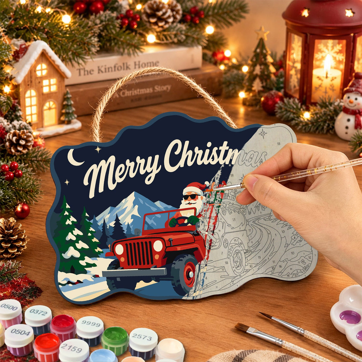 Santa red off road jeep paint by numbers door hanger painting process