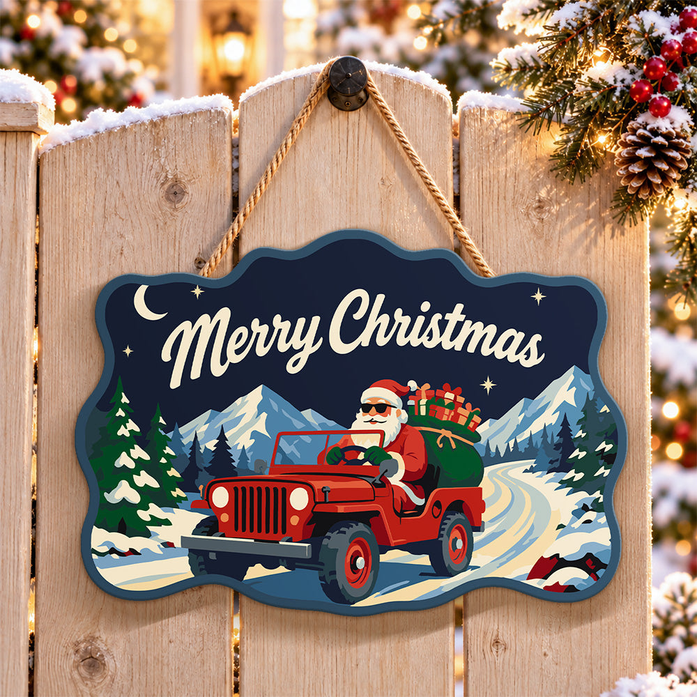 Santa red off road jeep paint by numbers door hanger on a garden gate