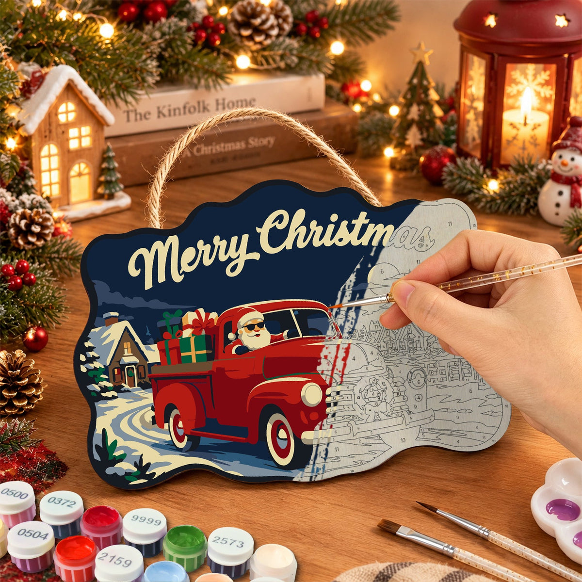 Santa red vintage pickup truck paint by numbers door hanger painting process