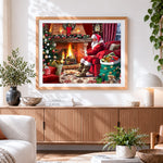 Finished santa relaxing by the fire with cat cross stitch artwork displayed