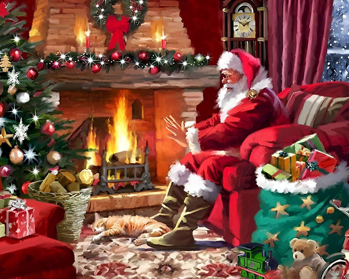 Santa relaxing by the fire with cat cross stitch kit for beginners