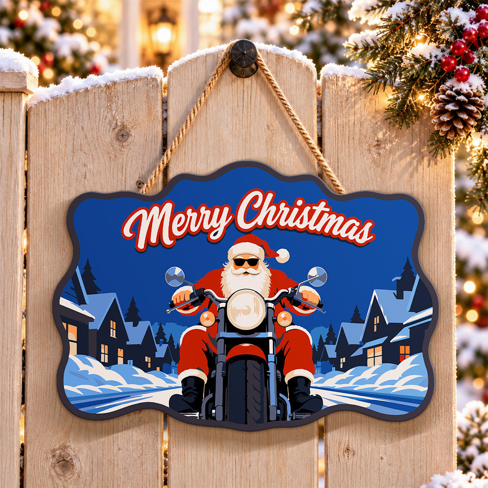 Santa riding motorcycle paint by numbers door hanger on a garden gate