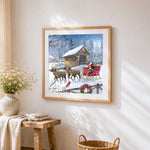 Santa's sleigh and reindeer cross stitch artwork displayed on wall as home decor
