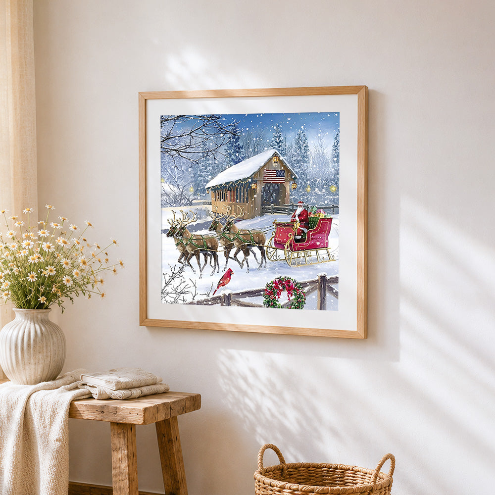 Santa's sleigh and reindeer paint by numbers artwork displayed on wall as home decor