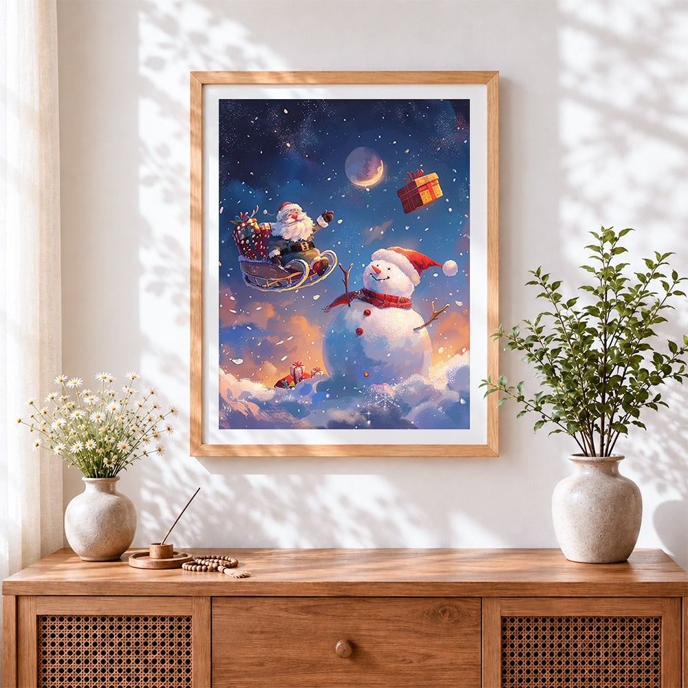 Finished santa's sleigh and snowman cross stitch artwork displayed