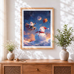Finished santa's sleigh and snowman cross stitch artwork displayed