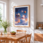 Santa's sleigh and snowman cross stitch artwork displayed on wall as home decor