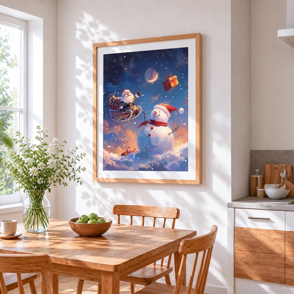 Santa's sleigh and snowman cross stitch artwork displayed on wall as home decor