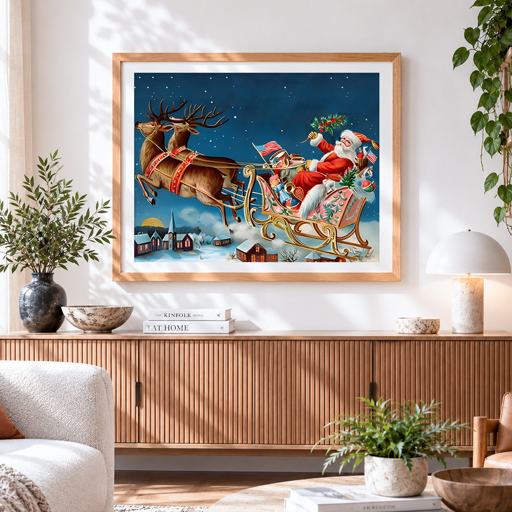 Finished santa s sleigh trip cross stitch artwork displayed