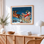 Santa s sleigh trip cross stitch artwork displayed on wall as home decor