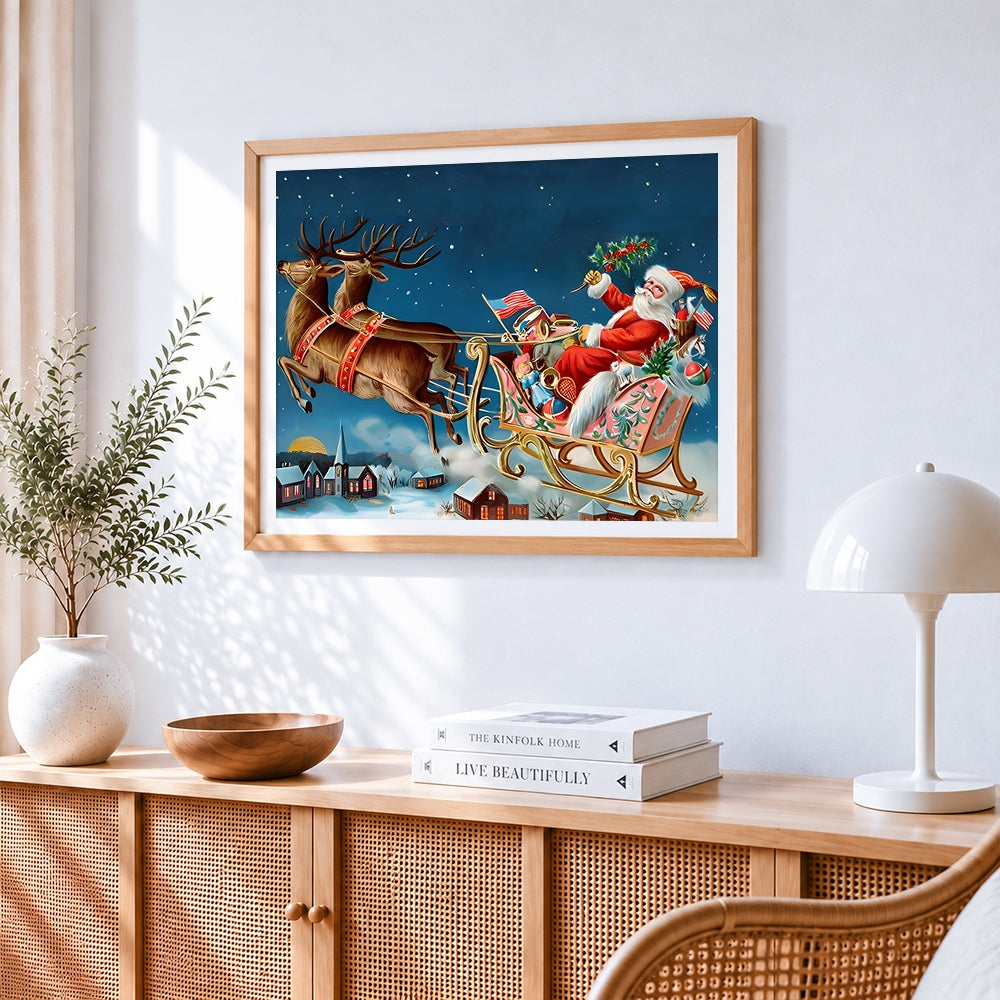 Santa s sleigh trip cross stitch artwork displayed on wall as home decor