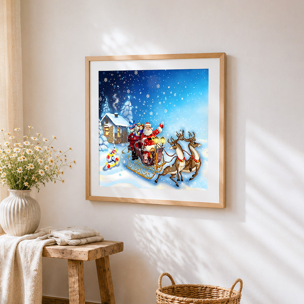Santa's sleigh with reindeer and gifts cross stitch artwork displayed on wall as home decor