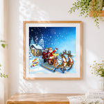 Finished santa's sleigh with reindeer and gifts paint by numbers artwork displayed as home decor