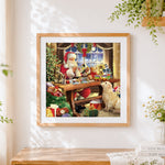 Finished santa's workshop making toys cross stitch artwork displayed