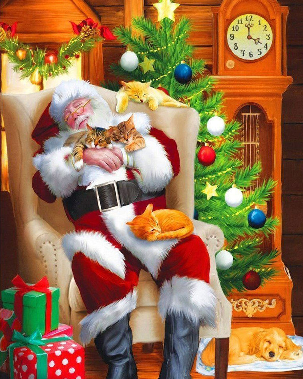Santa sleeping with kittens cross stitch kit for beginners