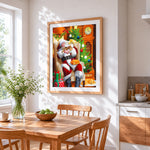 Santa sleeping with kittens cross stitch artwork displayed on wall as home decor