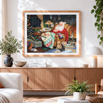 Finished santa sleeping with puppies cross stitch artwork displayed