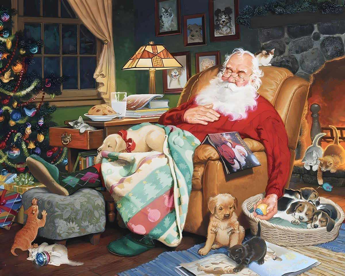 Santa sleeping with puppies cross stitch kit for beginners