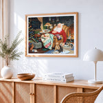 Santa sleeping with puppies cross stitch artwork displayed on wall as home decor