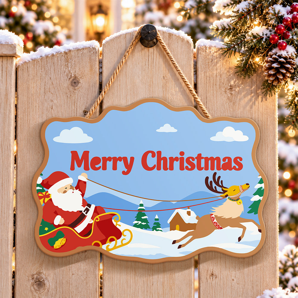 Santa sleigh and reindeer paint by numbers door hanger on a garden gate