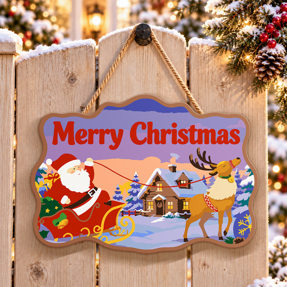 Santa sleigh and reindeer scene paint by numbers door hanger on a garden gate