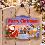 Santa sleigh and reindeer scene paint by numbers door hanger on a garden gate