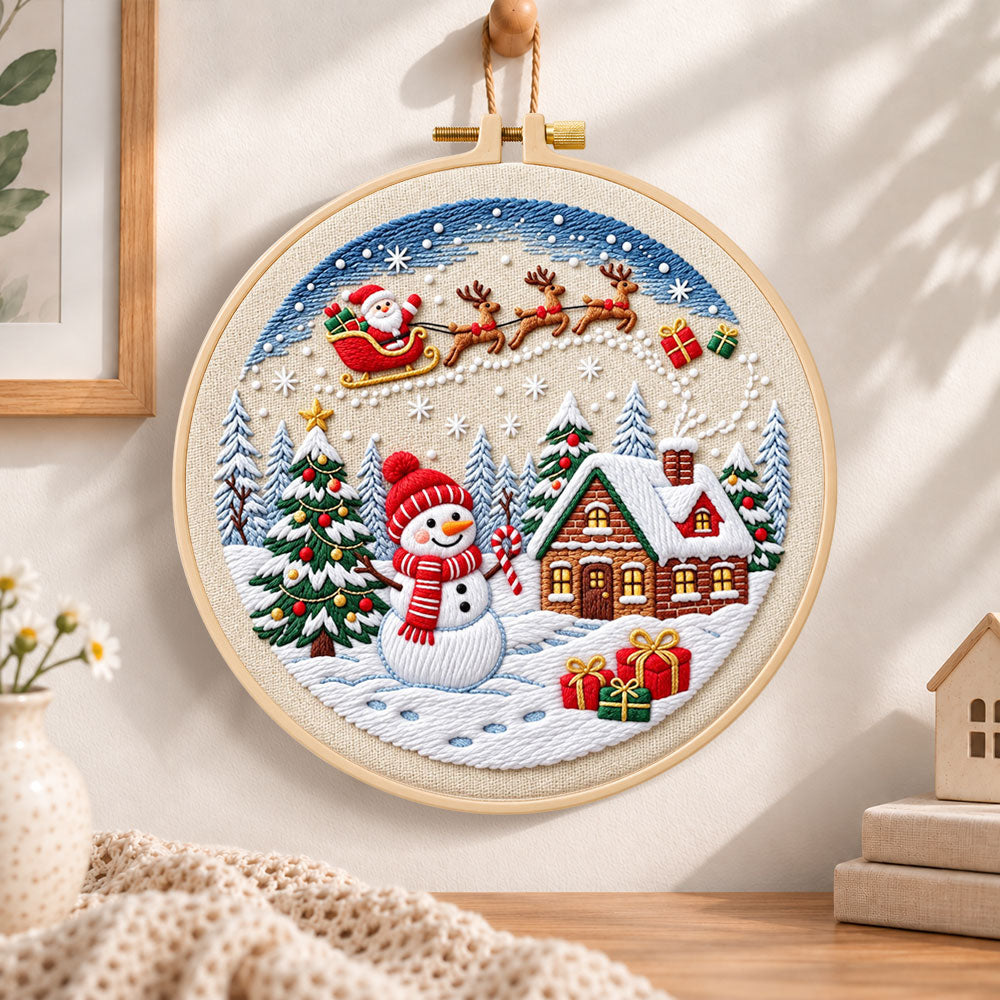 Santa sleigh winter village embroidery hoop wall art displayed as warm and cosy handmade home decor