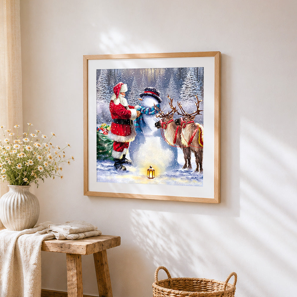 Santa, Snowman and Reindeer in the Snow cross stitch artwork displayed on wall as home decor