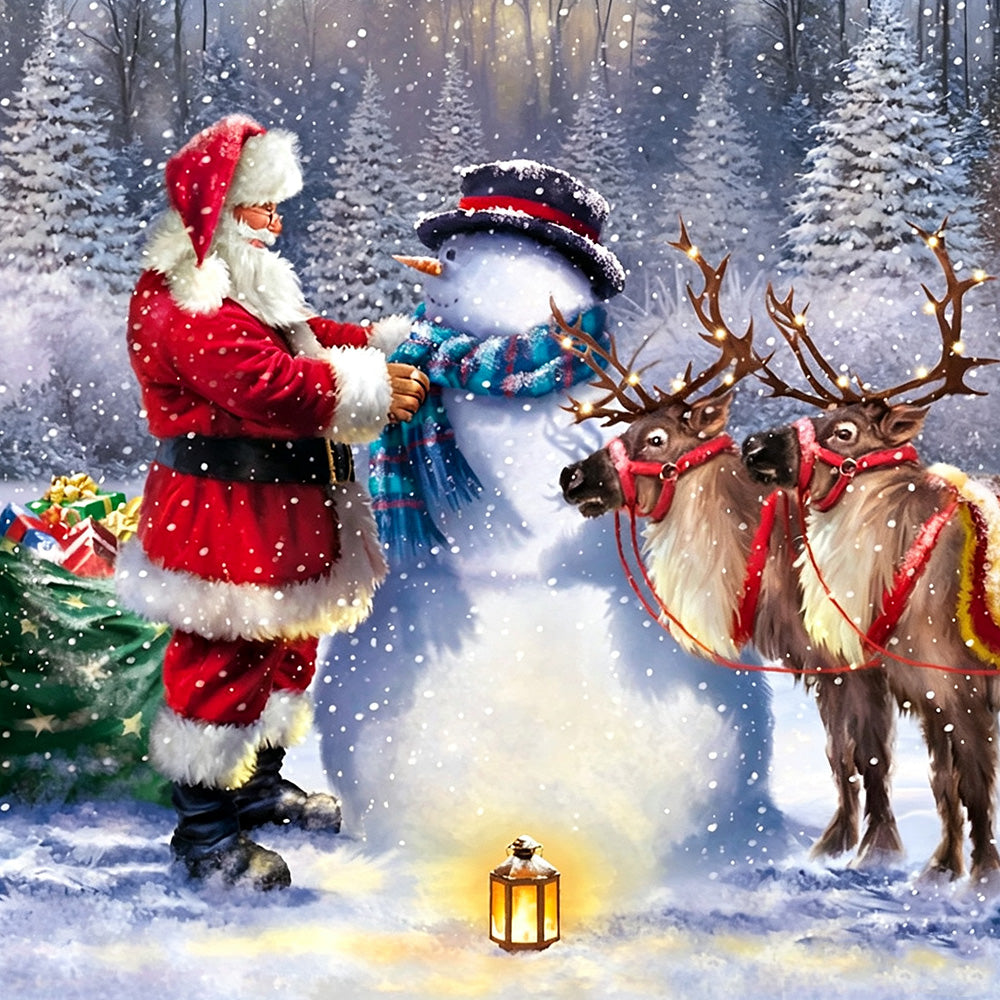 Santa, snowman and reindeer in the snow paint by numbers kit for beginners