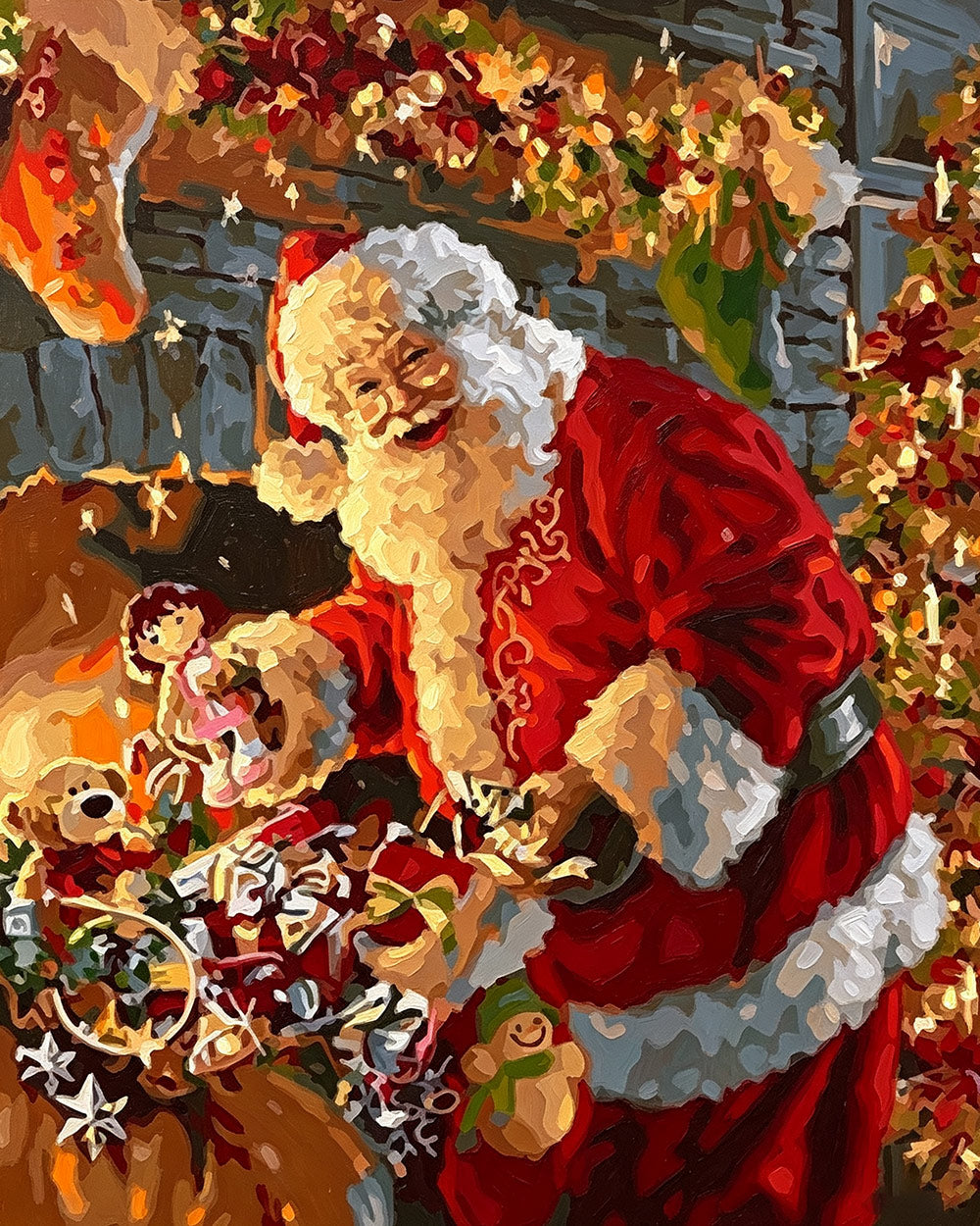 Santa sorting toy sack by the fireplace cross stitch kit for beginners