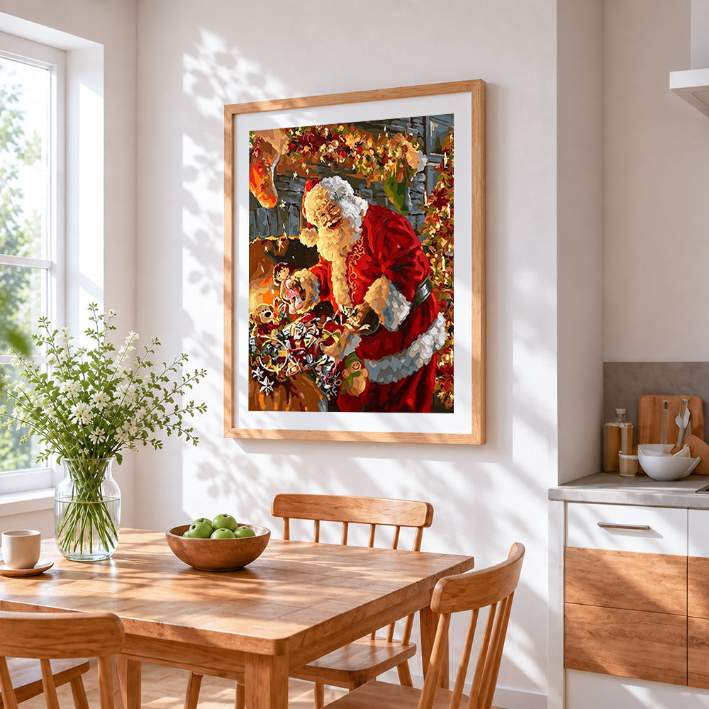 Santa sorting toy sack by the fireplace cross stitch artwork displayed on wall as home decor