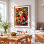 Santa sorting toy sack by the fireplace cross stitch artwork displayed on wall as home decor