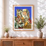 Finished santa surrounded by husky, deer and doves cross stitch artwork displayed