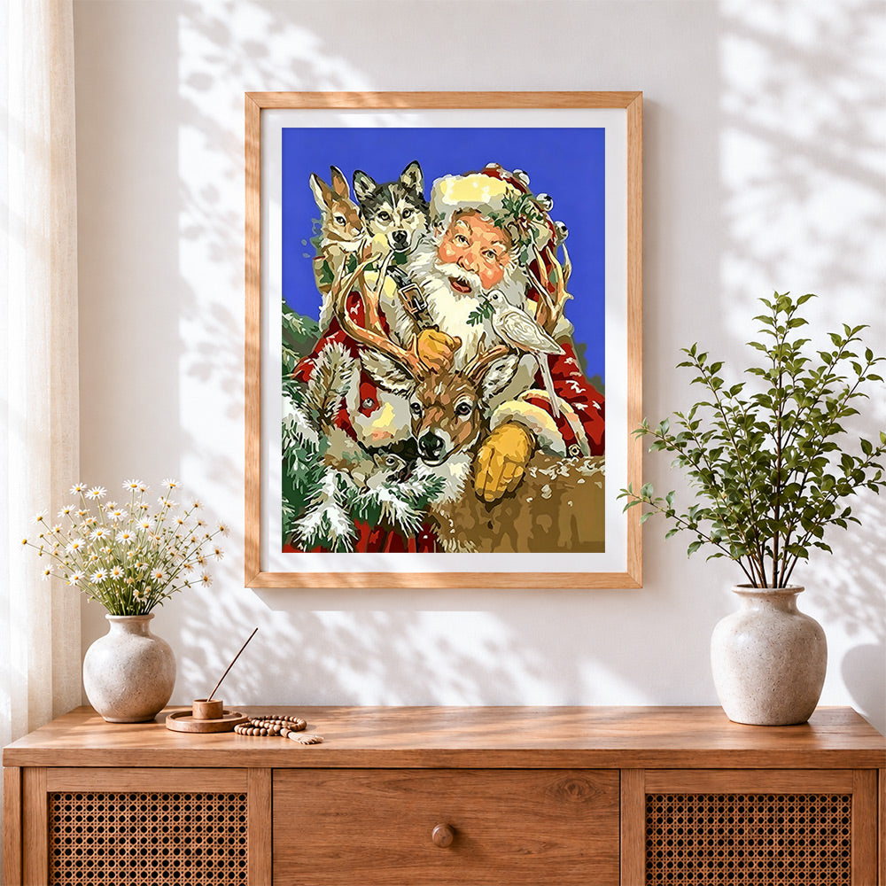 Finished santa surrounded by husky, deer and doves cross stitch artwork displayed