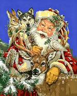 Santa surrounded by husky, deer and doves cross stitch kit for beginners