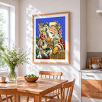 Santa surrounded by husky, deer and doves cross stitch artwork displayed on wall as home decor