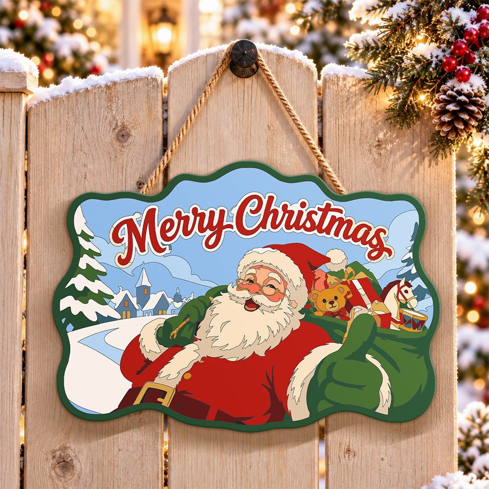 Santa thumbs up winter village paint by numbers door hanger on a garden gate