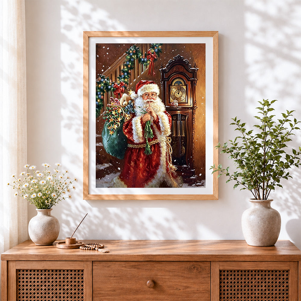 Finished santa tiptoeing past a grandfather clock cross stitch artwork displayed