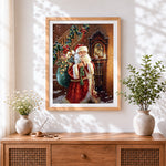 Finished santa tiptoeing past a grandfather clock cross stitch artwork displayed