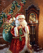 Santa tiptoeing past a grandfather clock cross stitch kit for beginners