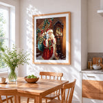 Santa tiptoeing past a grandfather clock cross stitch artwork displayed on wall as home decor