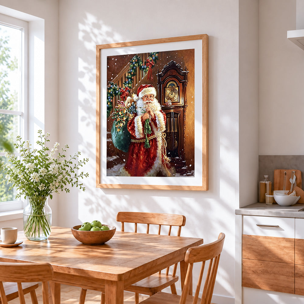 Santa tiptoeing past a grandfather clock cross stitch artwork displayed on wall as home decor
