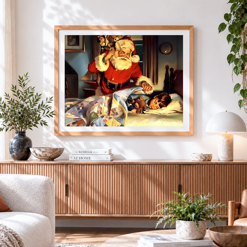 Finished santa tucking in child cross stitch artwork displayed