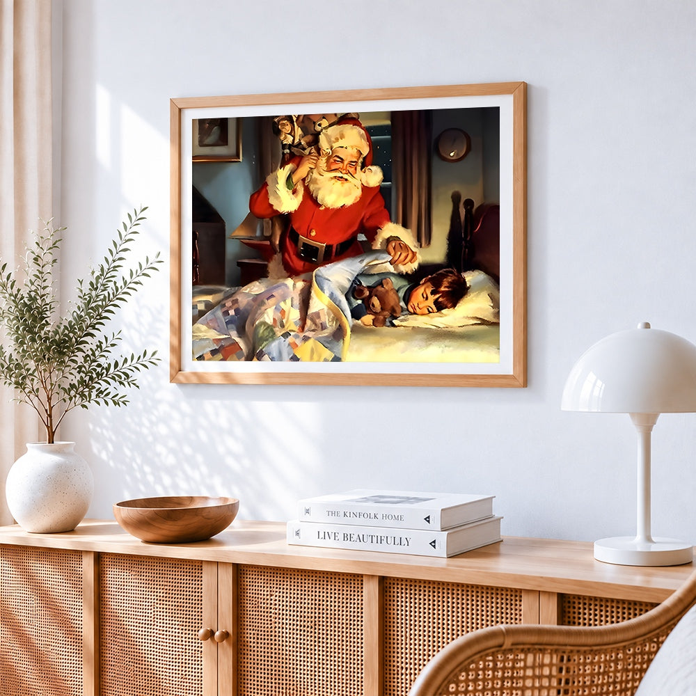 Santa tucking in child cross stitch artwork displayed on wall as home decor