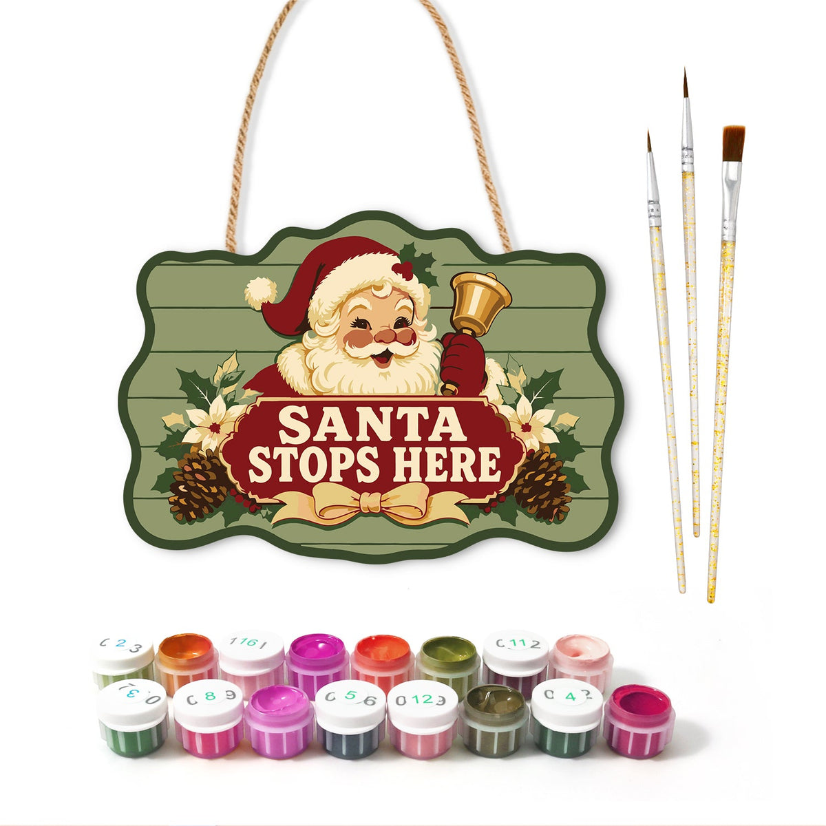 Santa visits here paint by numbers door hanger with paints and brushes