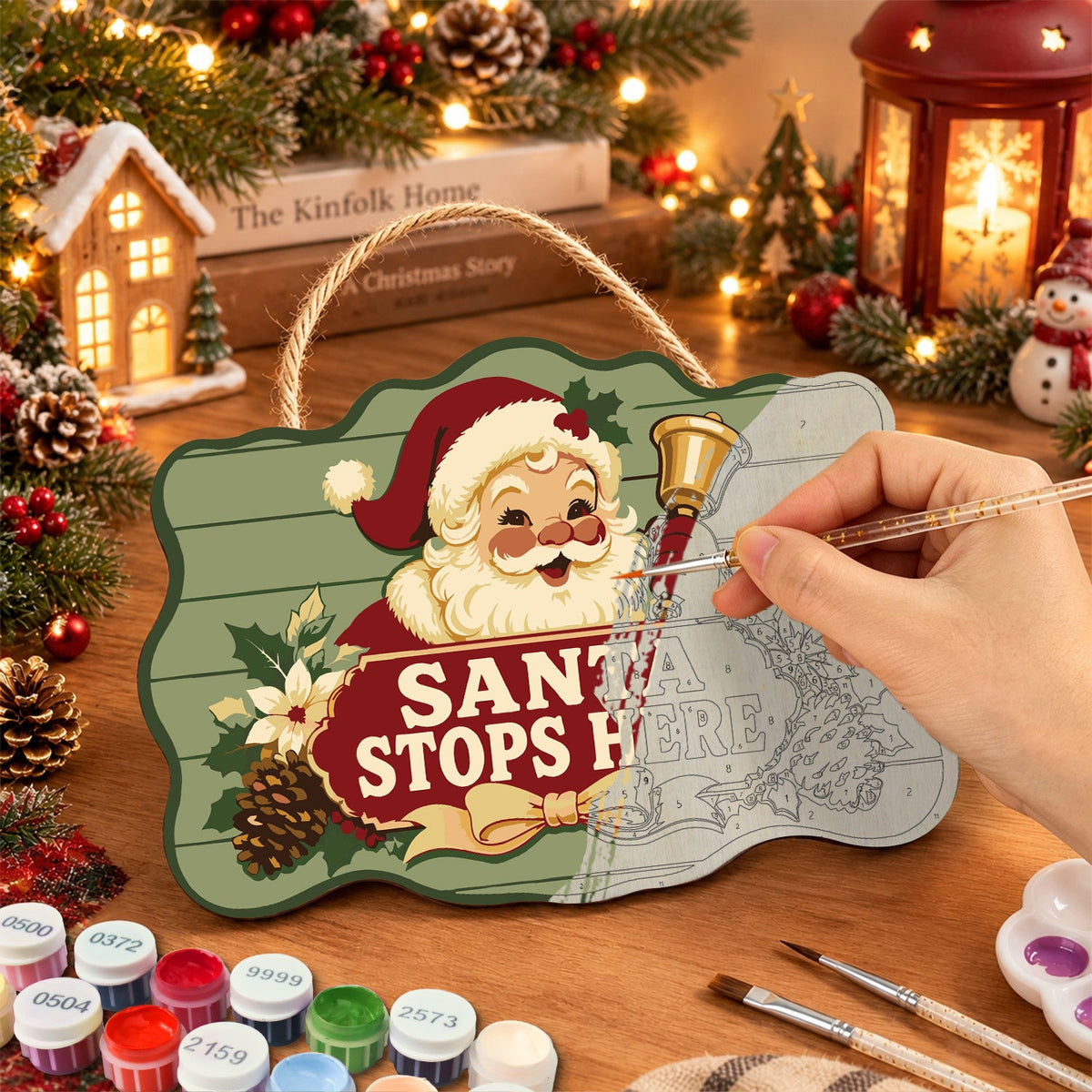 Santa visits here paint by numbers door hanger painting process