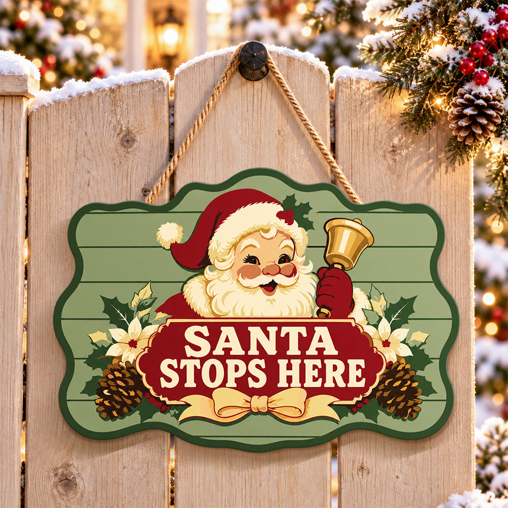 Santa visits here paint by numbers door hanger on a garden gate