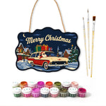 Santa wagon with gifts paint by numbers door hanger with paints and brushes
