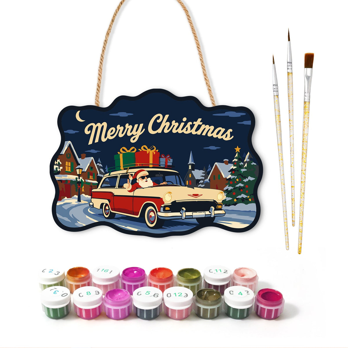 Santa wagon with gifts paint by numbers door hanger with paints and brushes
